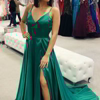 Sexy Spaghetti Straps V Neck Satin Long Prom Dress Green Evening Party Dresses with Side Slit - Thumbnail 1