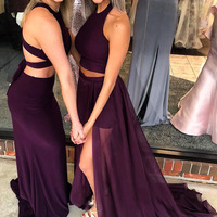 Sexy Halter Two Piece Burgundy Prom Dresses Long Evening Party Dresses - Thumbnail 1