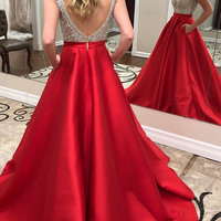 Elegant Beads V Back Red Long Prom Dresses Evening Dress with Pockets  - Thumbnail 1