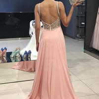 Gorgeous Straps V Neck Backless Long Chiffon Prom Dress Evening Party Dress with Beading - Thumbnail 1
