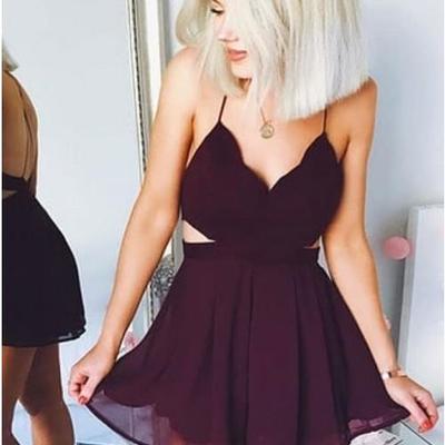 Simple v neck a-line chiffon burgundy short homecoming dress 