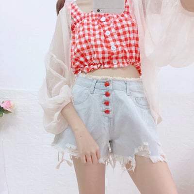 Red Heart Button Ripped Denim Shorts