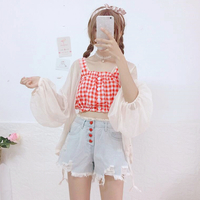 Red Heart Button Ripped Denim Shorts - Thumbnail 4