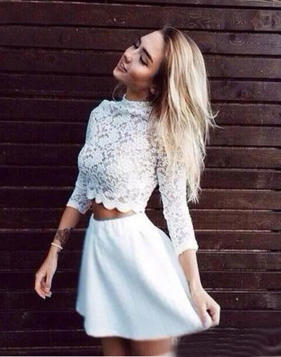 Cute Two Piece Long Sleeve White Lace Homecoming Dress Short Prom Dress