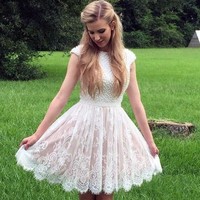 Cute Boat Neck Cap Sleeve White Lace Homecoming Dress Short Prom Dress with Beading - Thumbnail 1