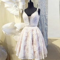 Cute Straps V Neck White Lace Homecoming Dress Short Formal Dress - Thumbnail 1