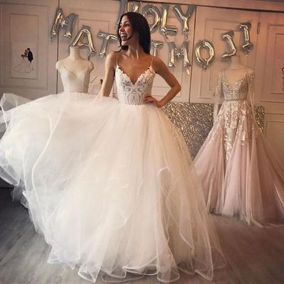 Gorgeous Ball Gown V Neck Spaghetti Straps Backless Ivory Lace Wedding Dress, Long Tulle Wedding Dress
