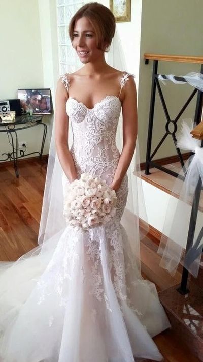 Gorgeous Mermaid Sweetheart Spaghetti Straps White and Pink Organza Wedding Dress with Lace