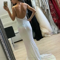 Sexy Mermaid V Neck Spaghetti Straps Backless White Sequins Prom Dress, Unique Long Evening Dress - Thumbnail 1