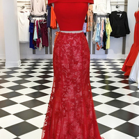 Elegant Two Piece Off the Shoulder Red Long Mermaid Prom Dress with Appliques - Thumbnail 1