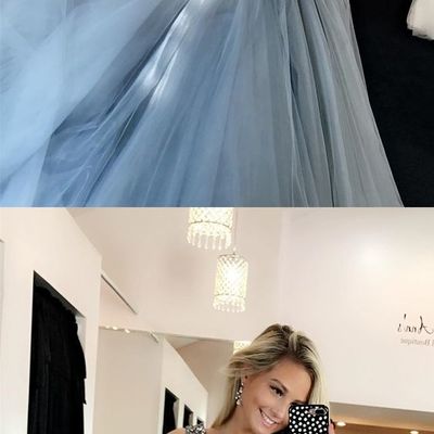 Unique v neck tulle long prom dress beaded evening party dress - Thumbnail 3