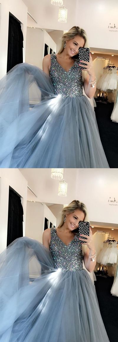 Unique V Neck Tulle Long Prom Dress Beaded Evening Party Dress