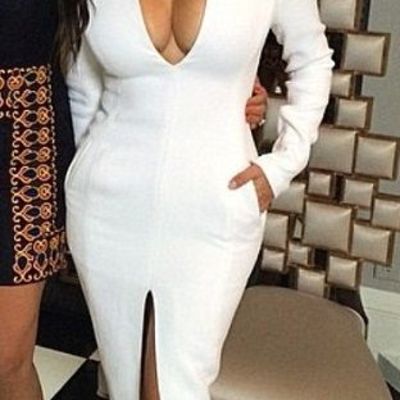 Inspired by kim kardashian celebrity dresses scoop long sleeve side slit prom dresses evening formal gowns