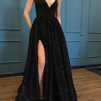Elegant Spaghetti Straps Lace Beaded Black Long Prom Dress Side Split Evening Party Dress - Thumbnail 1