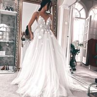 Elegant Spaghetti Straps V Neck Lace Tulle A-Line Long Wedding Dress with 3D flowers - Thumbnail 1