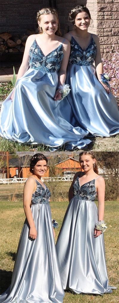 Elegant Spaghetti Straps Beaded Blue Long prom Dress Satin Evening party Dress