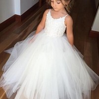 Ball Gown Spaghetti Straps Ivory Tulle Flower Girl Dress with Appliques - Thumbnail 1