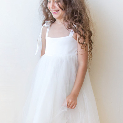 Cute square neck a-line white tulle flower girl dresses 