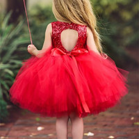 Cute Ball Gown A-Line Red Sequins Tulle Flower Girl Dress with Bow - Thumbnail 1