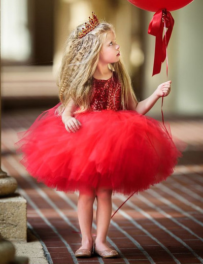 Cute Ball Gown A-Line Red Sequins Tulle Flower Girl Dress with Bow