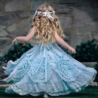 Princess A-Line Blue Floral Lace Long Flower Girl Dresses - Thumbnail 1
