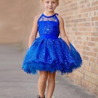 Halter Beaded Royal Blue Tulle Short Flower Girl Dress with Appliques - Thumbnail 1