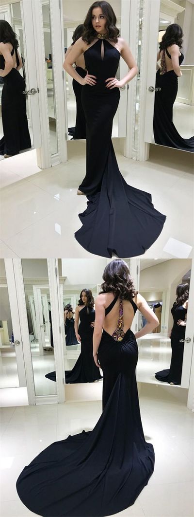Sexy Halter Backless Navy Blue Mermaid Long Prom Dress Formal Dress with Train