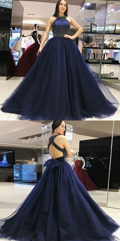 Generous Halter Backless Beaded Navy Blue Tulle A-Line Long Prom Dress