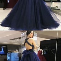 Generous Halter Backless Beaded Navy Blue Tulle A-Line Long Prom Dress - Thumbnail 1