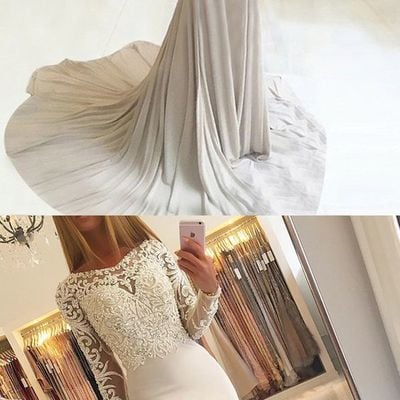 Elegant round neck long sleeve lace mermaid long prom dress party dress - Thumbnail 5