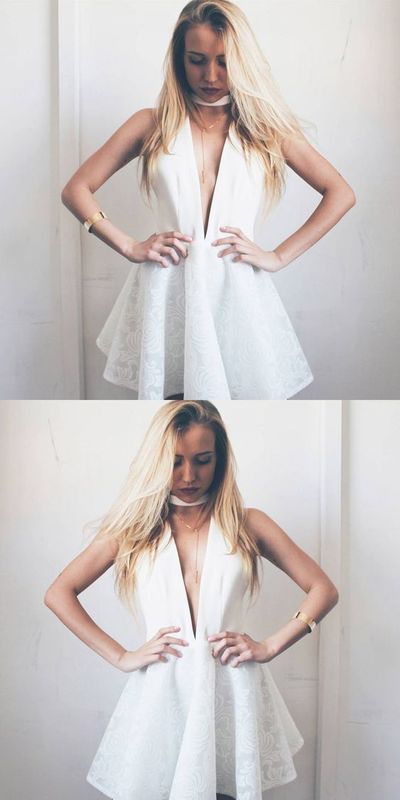 Princess Deep V Neck White Lace Homecoming Dress Short Prom Dress
