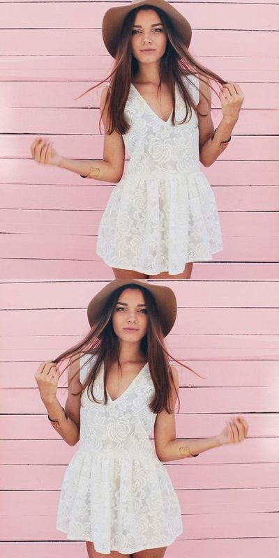 Princess V Neck White Lace Short Homecoming Dress Mini Dress