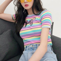 Sweet Bowknot Embroidery Rainbow Stripe Knitted Top - Thumbnail 4