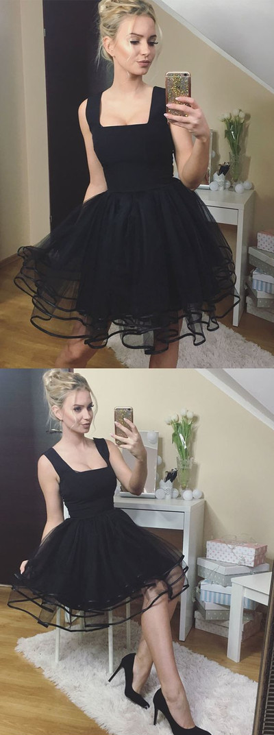Cute Square Neck Little Black Dress Tulle Short Homecoming Dress Party Dress