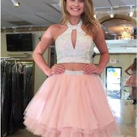 Cute Two Piece Halter Beaded Tulle Skirt Short Homecoming Dress - Thumbnail 1
