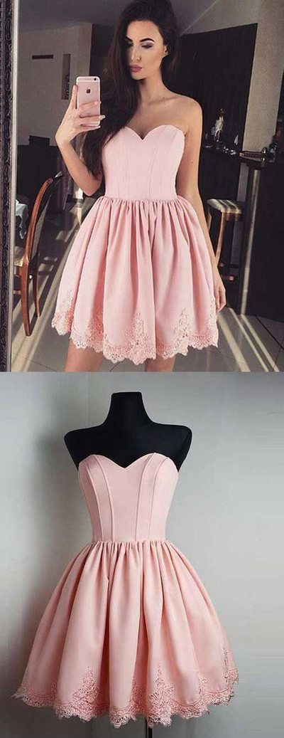 Cute Sweetheart Pink Lace-up A-Line Short Homecoming Dress with Appliques