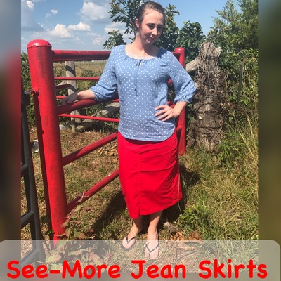 RED MID-LENGTH DENIM SKIRT