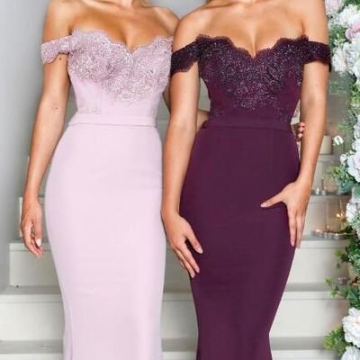 Mermaid off the shoulder elastic satin long bridesmaid dress with appliques - Thumbnail 5