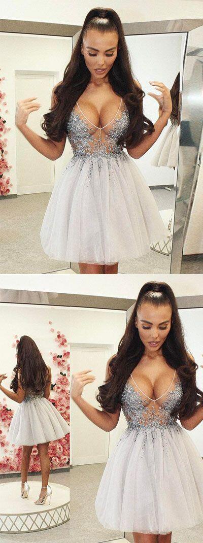 Unique and Charming A Line V Neck Backless Tulle Grey Short Dress with Beading, Applique Short Homecoming Dress