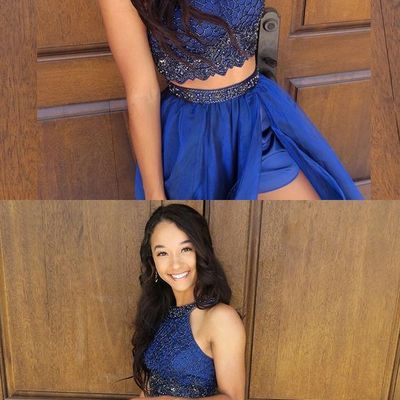 Charming two piece halter beads satin long prom dress,royal blue evening party dress