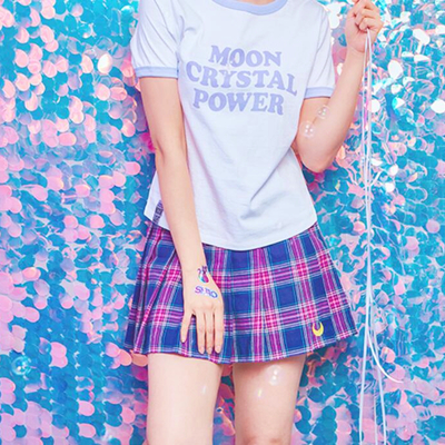 Moon embroidery tartan plaid pleated skirt