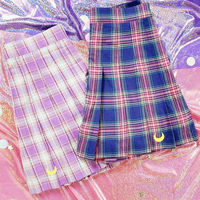 Moon Embroidery Tartan Plaid Pleated Skirt - Thumbnail 1