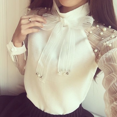 Bow and pearls kawaii long sleeve blouse - Thumbnail 4