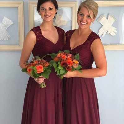 Floor length v neck burgundy bridesmaid dress with lace - Thumbnail 5