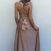 Fancy A-Line V Neck Criss-Cross Back Long Champagne Prom Dress with Pleats - Thumbnail 1
