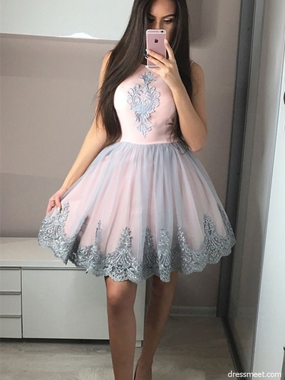 A-Line Round Neck Pink and Grey Homecoming Dress with Applique,Short Prom Dress,Semi Formal Dress