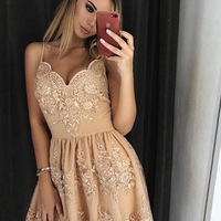 Cute A-Line Spaghetti Straps Champagne Lace Homecoming Dress,Short Formal Prom Dresses - Thumbnail 1