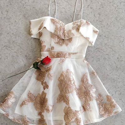Cute a-line off the shoulder champagne lace homecoming dresses, princess dress,short prom party dress