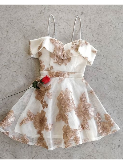 Cute A-Line Off the Shoulder Champagne Lace Homecoming Dresses, Princess Dress,Short Prom Party Dress