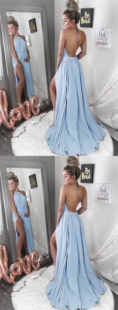 A-Line Halter Light Blue Backless Chiffon Long Prom Dress with Side Split,Evening Party Dress